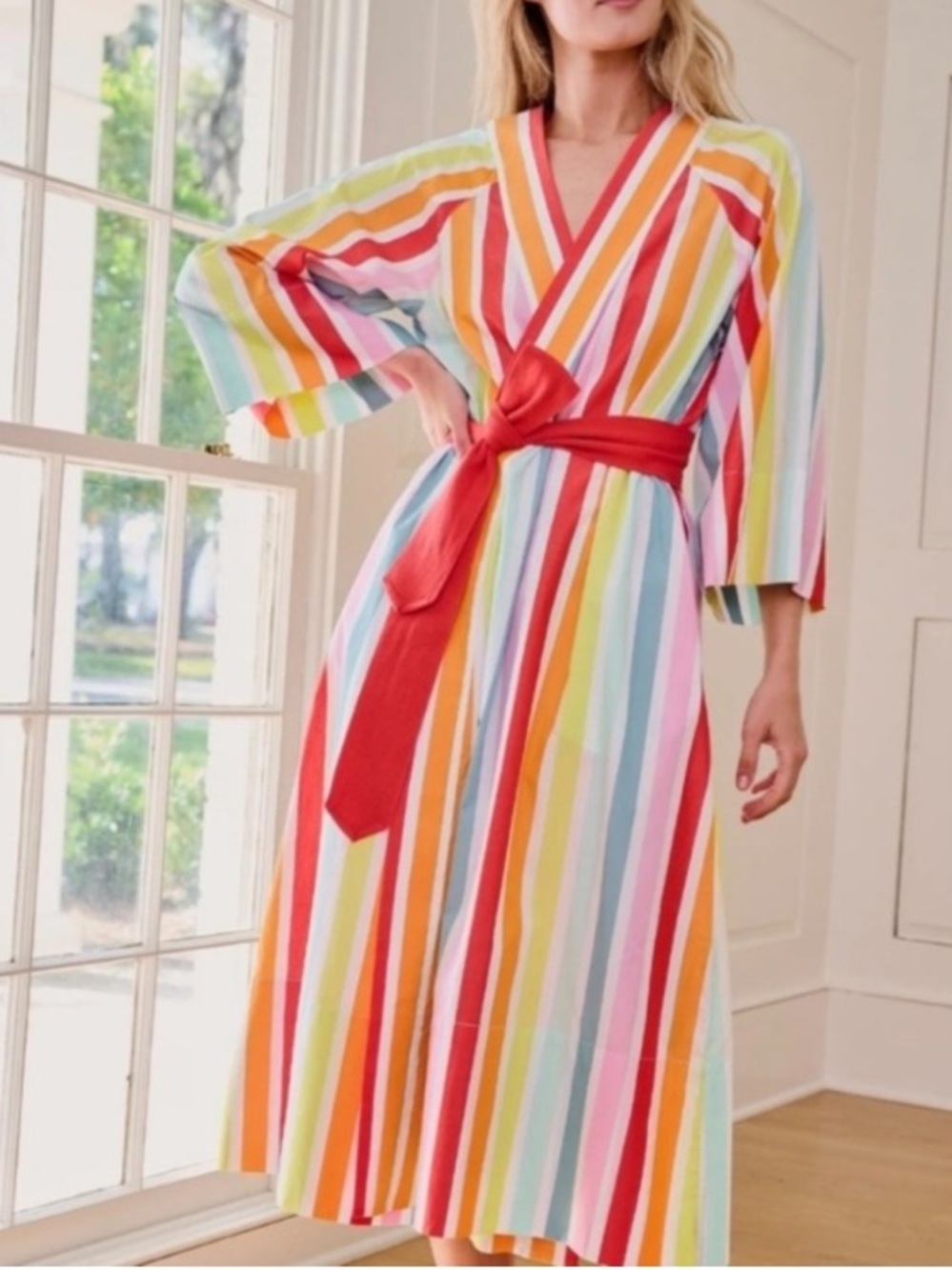 ATLANTIC- PACIFIC X LAKE Bell Robe Rainbow Stripe with Pockets